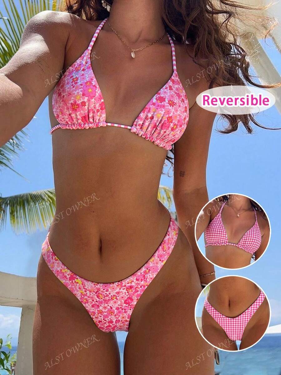 レディース 水着 ビキニセット 女性用セクシービーチウェア水着 花柄ストライププリント ビキニセット チーキー ビキニ プランジ拍卖