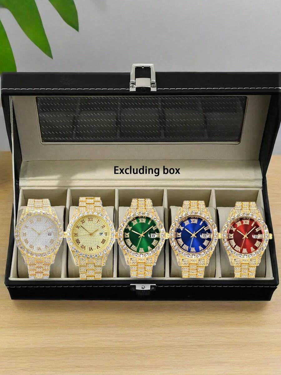 腕時計 メンズ セット 5個セット メンズクオーツ腕時計 ステンレスバンド、ヒップホップ ビジネス カレンダー ダイヤモンドデコ拍卖
