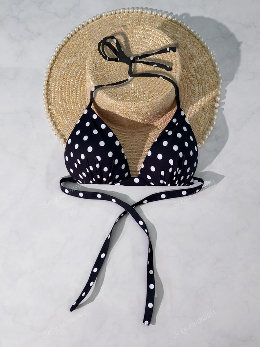 レディース 水着 トップス ポルカドットキュートなカジュアルセクシーな編み生地バックレスのタイ付きビキニトップ、ビーチ、リゾート、拍卖