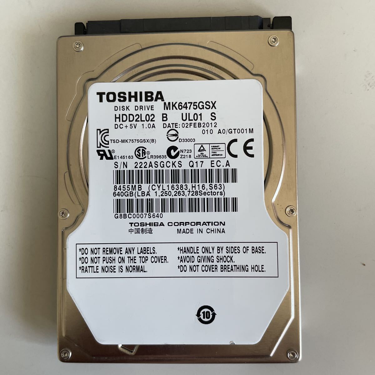 HDD TOSHIBA 640 GB 東芝 MK6475GSX 動作確認済みです。拍卖