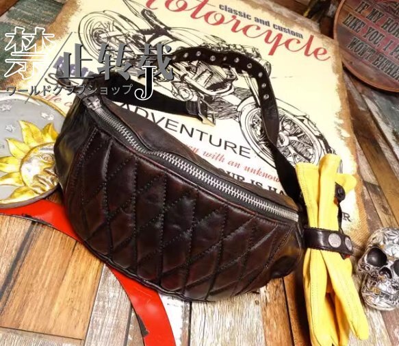 ★豪華 ハンドメイド ホースハイド レザー キルト モーターサイクル 2way ボディバッグ 新品 ヴィンテージ メンズ ライダース★拍卖
