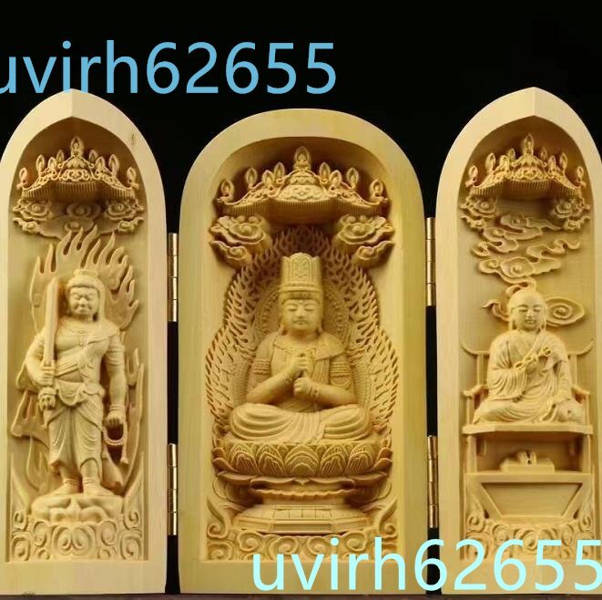 新品★木彫り 真言宗 三尊 不動明王 大日如来 弘法大師 ミニ型仏龕拍卖