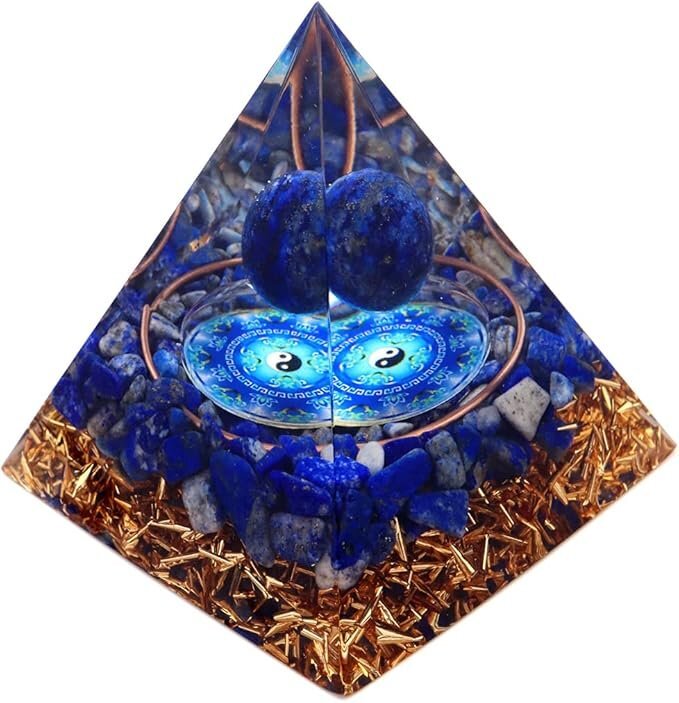 オルゴナイト ピラミッド 置物 天然石 パワーストーン 浄化 ラピスラズリ さざれ 丸玉入り 青金石 太極拍卖
