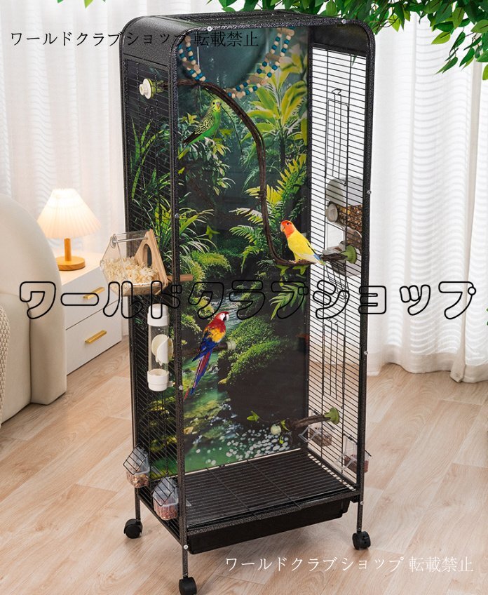 キャビネット型豪華エコ鳥かご 透明ジャングル鳥籠 セキセイインコ オカメインコ ボタンインコ 文鳥用 ブラック/シルバー拍卖
