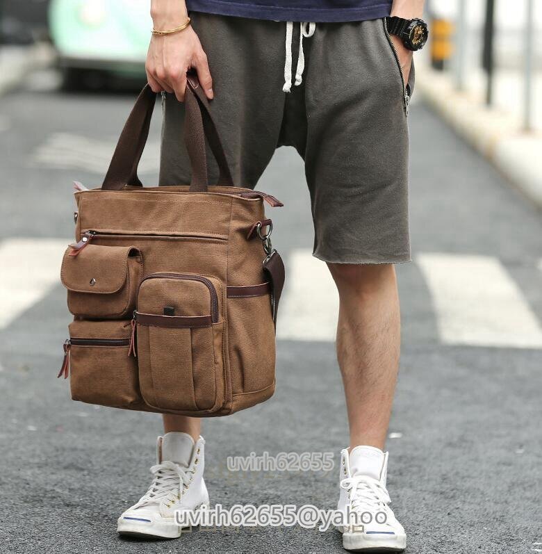 新品ショルダーバッグ 2wayトートバッグ 斜めがけ A4サイズ対応 縦長 カジュアル 帆布 メンズ ブラウン拍卖