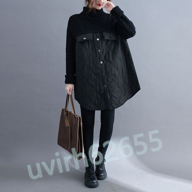 大好評☆ ニット中綿チュニック 秋冬 上質ウール厚手中綿入りハイネック切り替えゆったり20304050代おしゃれ大きいサイズ☆黒 フリーサイズ拍卖