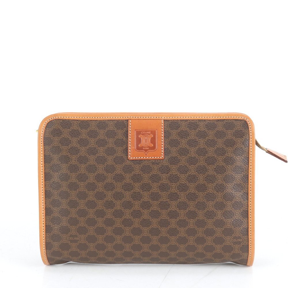 1円■極美品■ヴィンテージ■セリーヌ■マカダム レザー セカンドバッグ クラッチ ポーチ 通勤 ビジネス ブラウン 茶色 メンズ ERE CR10-9拍卖