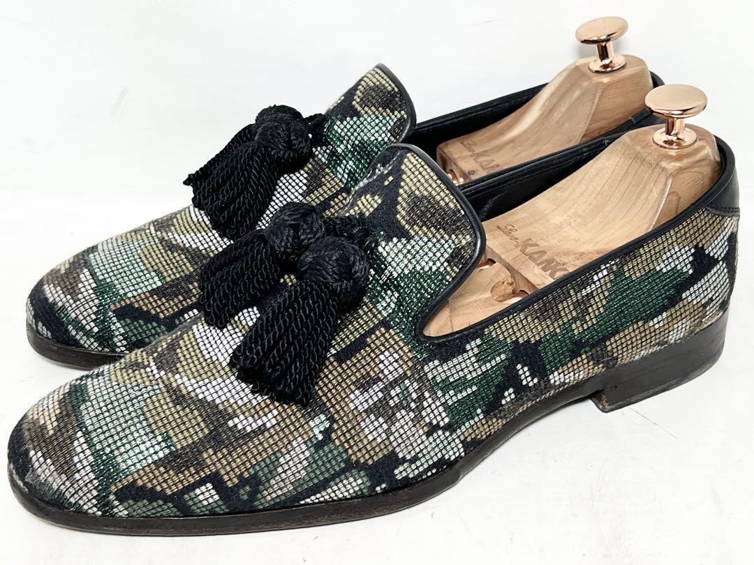 即決★イタリア製 JIMMY CHOO★41=約26cm タッセルローファー ジミーチュウ 迷彩 カモフラ スリッポン シューズ拍卖