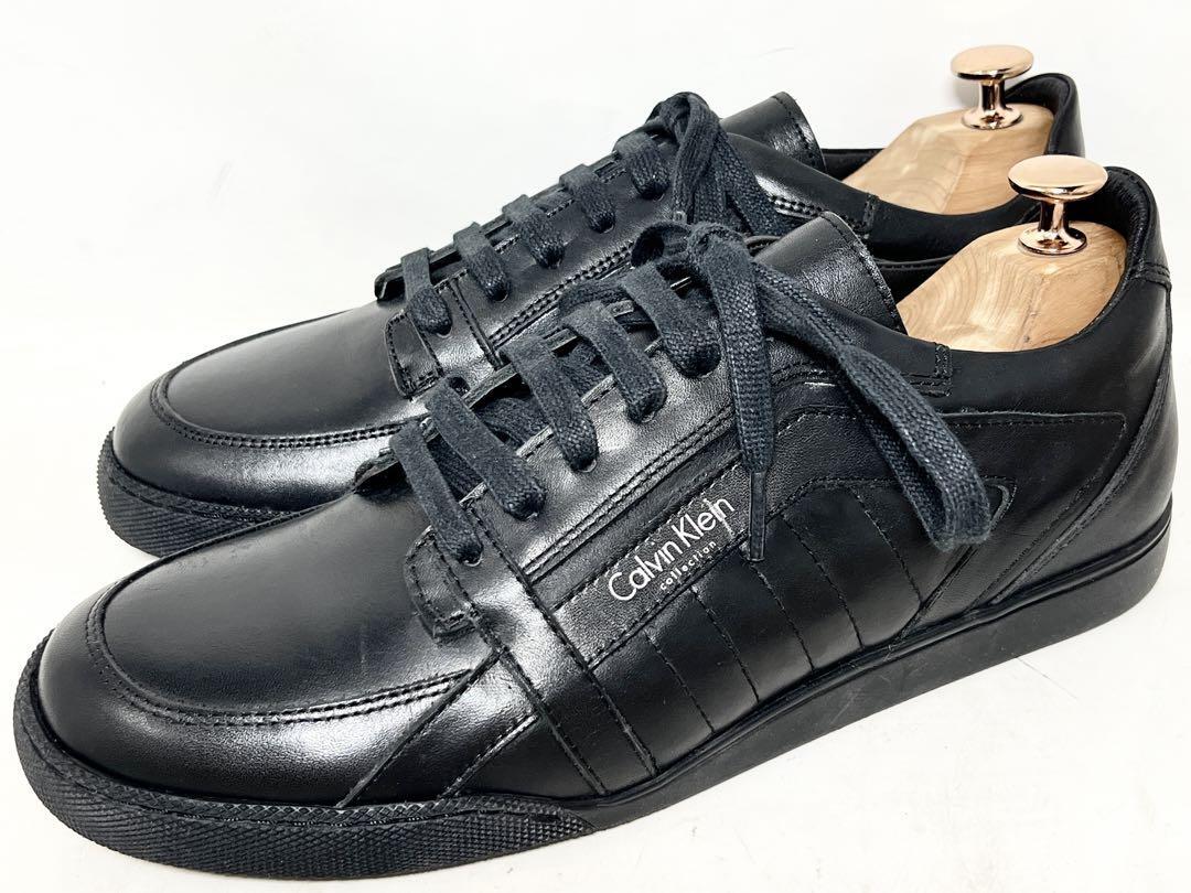 即決★美品 Calvin Klein★41=約26cm レザースニーカー カルバンクライン 黒 ブラック シューズ拍卖