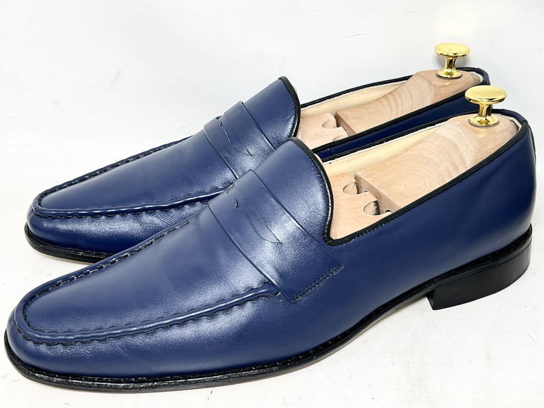 即決★良品 GLENFORD★42=約26.5cm レザーペニーローファー グレンフォード ネイビー シューズ スリッポン ロングノース 本革 革靴拍卖