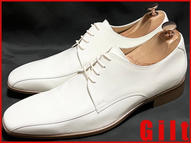 即決★良品 日本製 BENIR★27cm レザープレーントゥシューズ ベニル 白 ホワイト ウェンディング ドレス 本革 革靴 結婚式拍卖