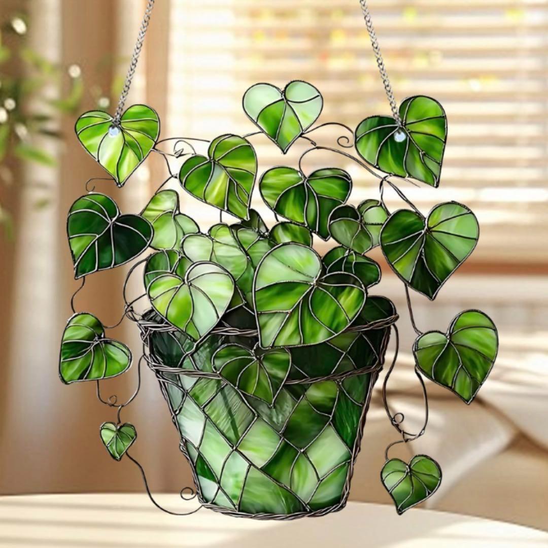 アクリル看板 ハートの葉 ステンドグラス風 サンキャッチャー ペンダント 屋外拍卖