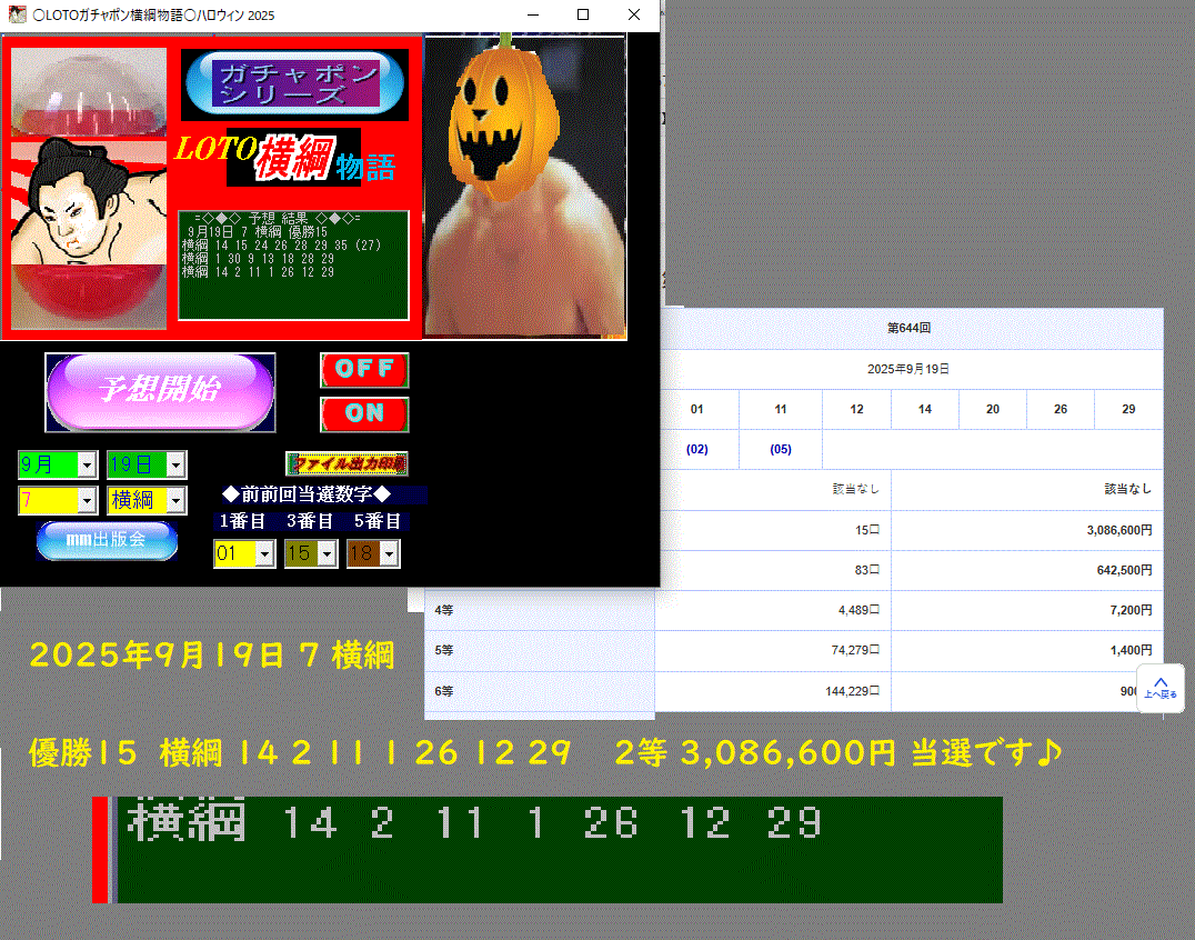 秋新作『☆ LOTOガチャポン 横綱物語ハロウィン 2025☆』 2025年9月19日 7 横綱 優勝15 横綱 2等 3,086,600円 当選です♪拍卖