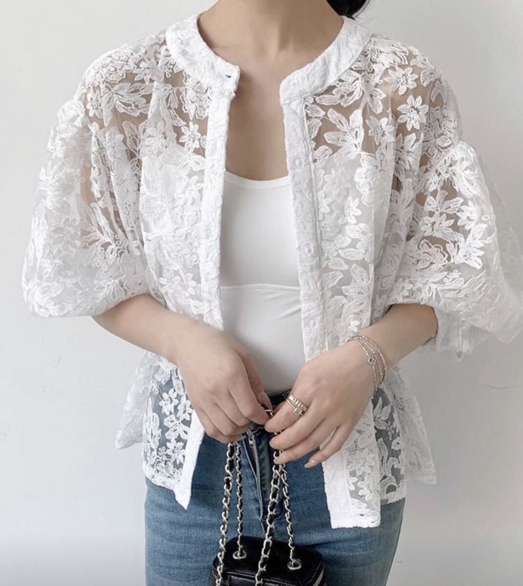 長袖 シャツ ブラウス 花柄 ホワイト 総レース レースブラウス カーディガン 七分 半袖 羽織り ジャケット 白拍卖
