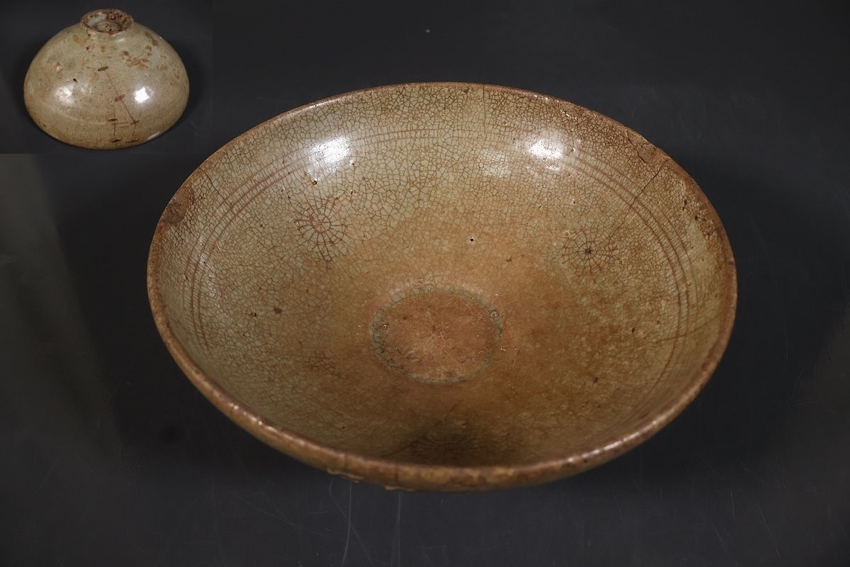 【小】5335 朝鮮古美術 高麗 高麗青磁象嵌平鉢 高麗青磁茶碗 花三島象嵌 李朝拍卖