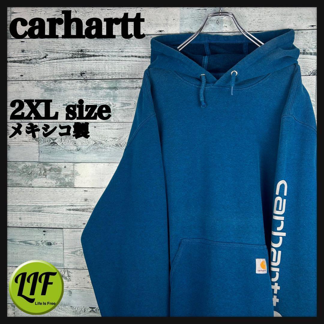 カーハート メキシコ製 ロゴタグ スウェットパーカー ブルー 2XL 4601拍卖