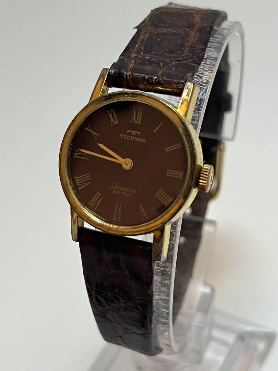 動作 TECHNOS テクノス QUEEN EXTRA K14 GOLD GF 手巻 腕時計 レディース 赤系拍卖