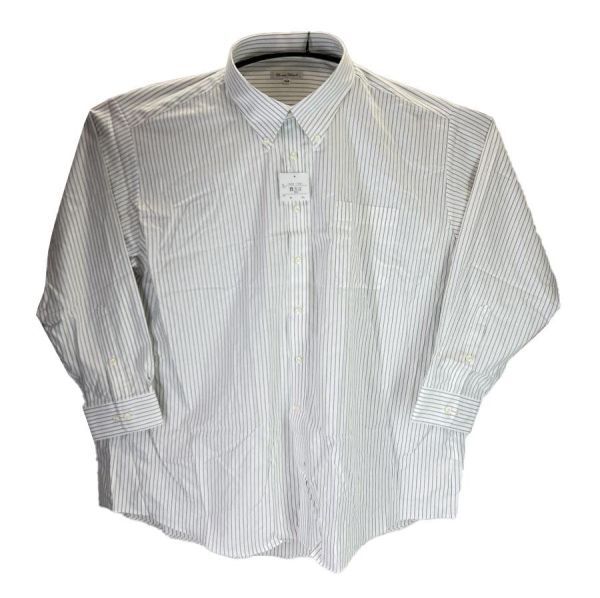 SS2885-3◆ 新品 メンズ Yシャツ 長袖 ボタンダウン 剣ボロボタン 袖口ボタン ヨーク切替 ストライプ柄 6LBサイズ 白 ホワイト 送料450円拍卖