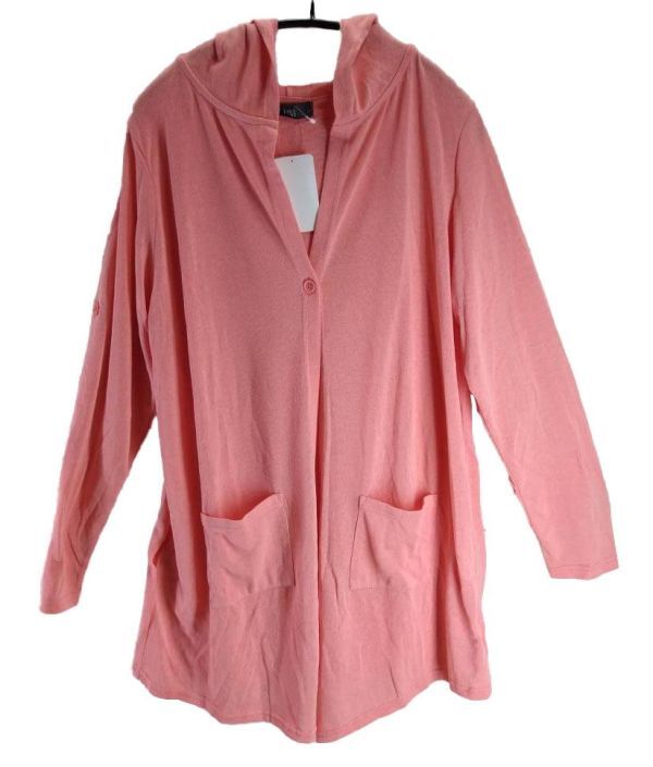 SS2858-2◆ 新品 サマーカーディガン フード付き 長袖 パーカー ロールアップ ロング丈 無地 シンプル 3Lサイズ コーラルピンク拍卖