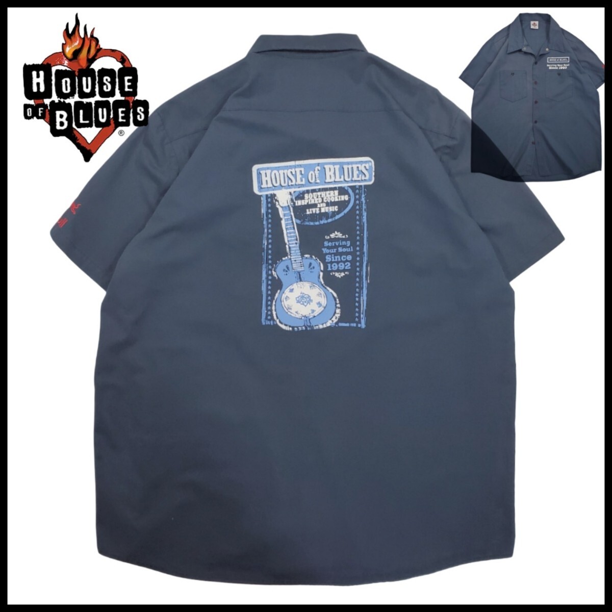 w299/ 古着 USA製 HOUSE of BLUES 半袖ワークシャツ 刺繍 XL 両面プリント ワッペン 洗濯プレス済 ネコポス発送拍卖