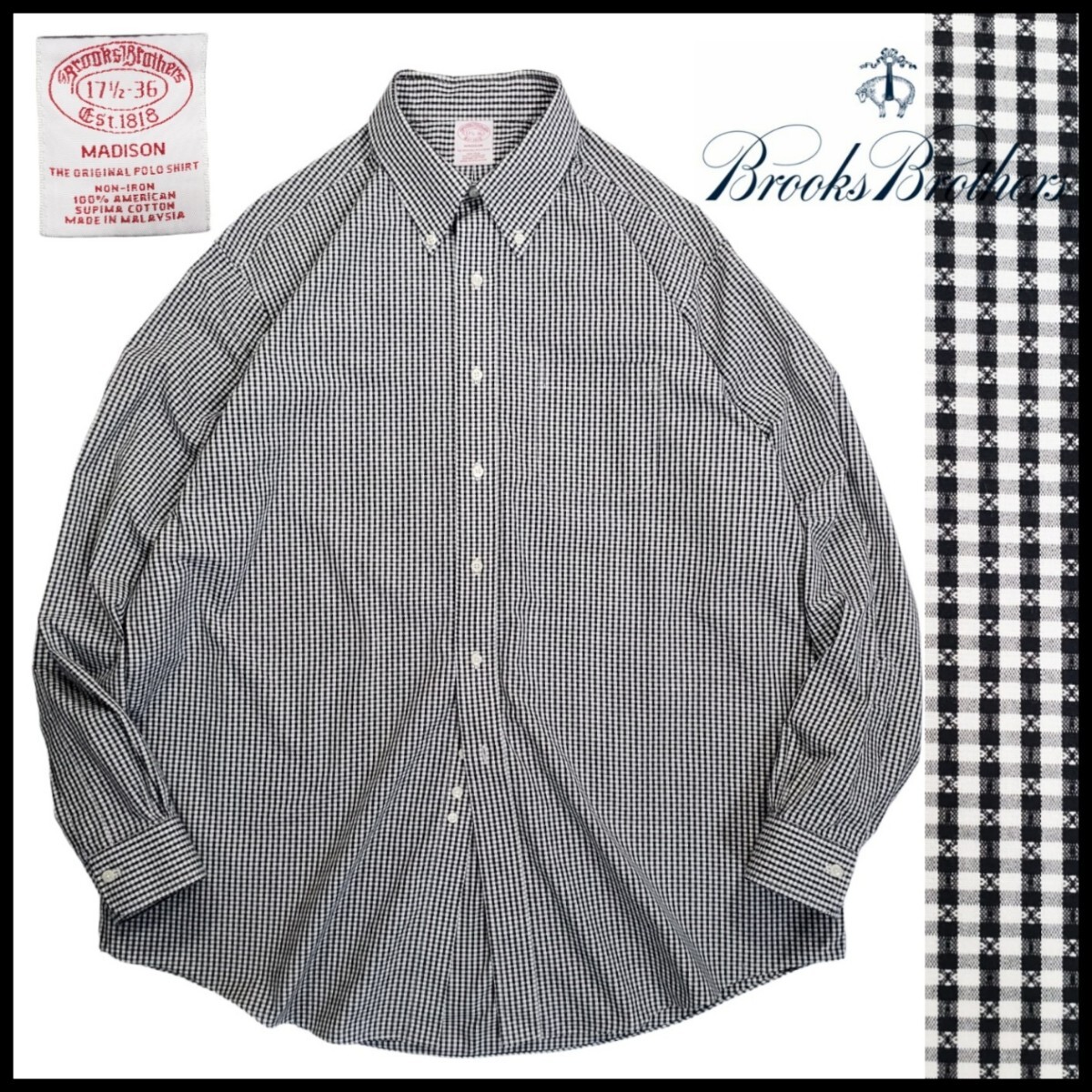 w320/美品 古着 BROOKS BROTHERS Est1818 MADISON 長袖シャツ 17 1/2-36 ワイシャツ 格子柄 ブルックスブラザーズ 洗濯プレス済 ネコポス可拍卖