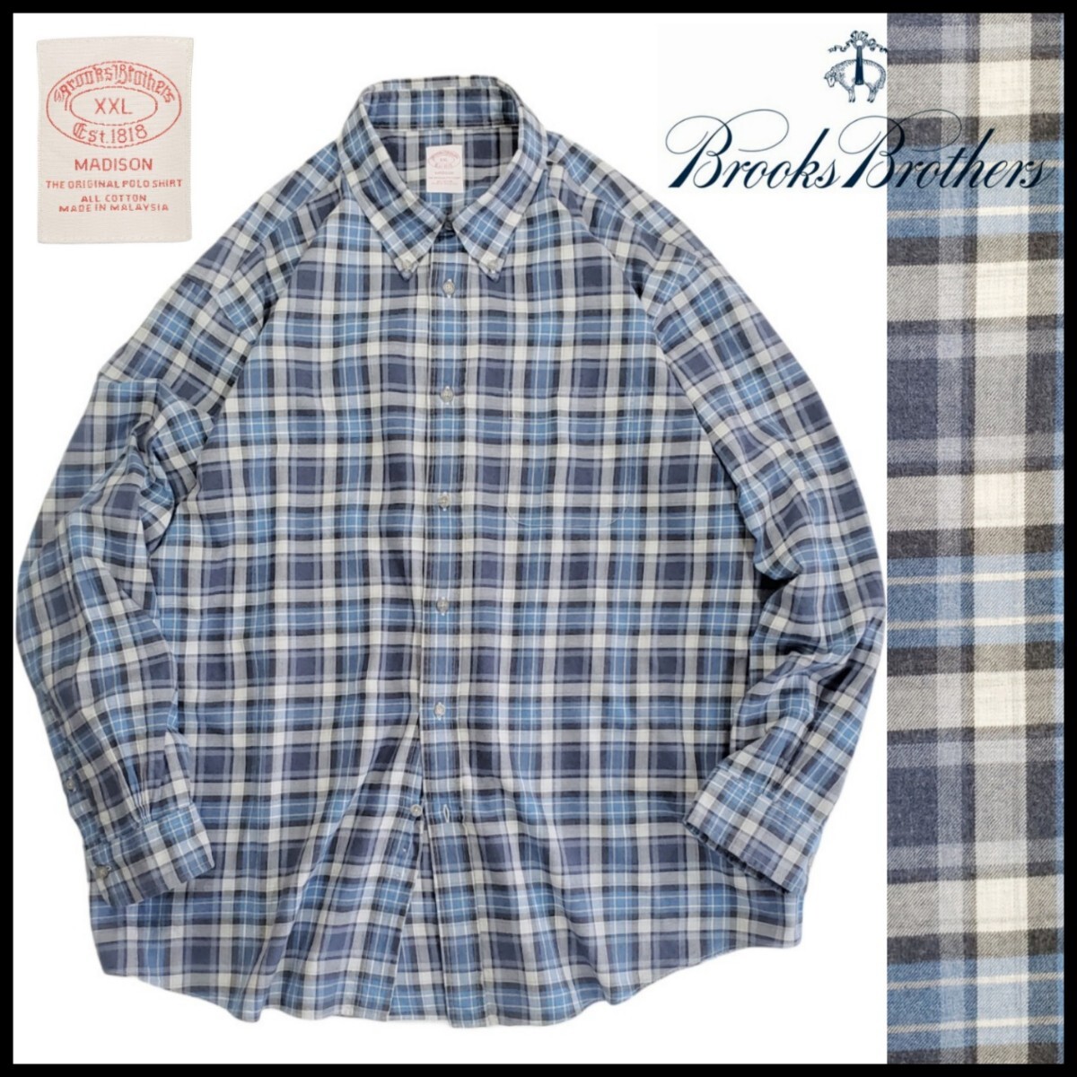 w322/美品 古着 BROOKS BROTHERS Est1818 MADISON 柔らか生地 長袖シャツ XXL ボタンダウン チェック柄 ブルックスブラザーズ ネコポス可拍卖