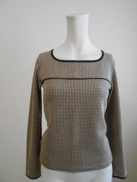 ♪即決 送料無料 超美品 win fame カットソー 長袖 千鳥格子柄 トップス ブラウンXブラック スクエアネック 大人 可愛い ストレッチ拍卖