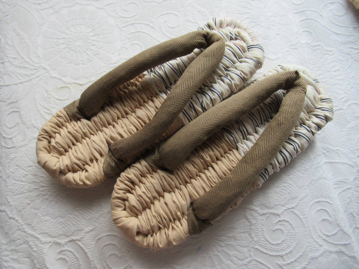 手作り 布草履 布ぞうり ストライプと無地の編み込み地 杉綾の鼻緒 26cm拍卖