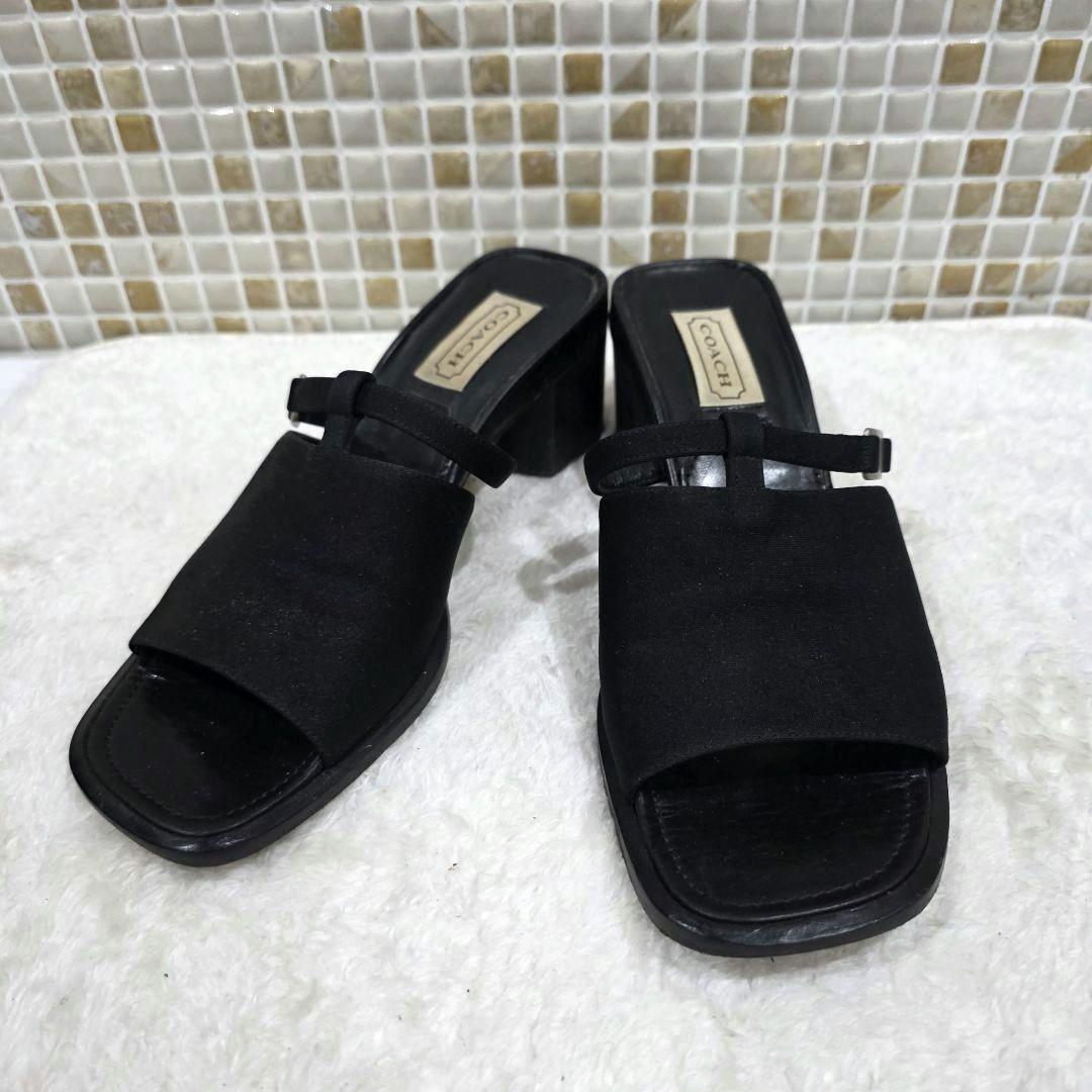 COACH コーチ サンダル 黒 ブラック 5B 太ヒール ロゴプレート 訳あり拍卖