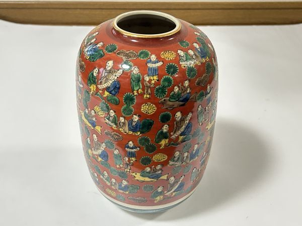 9-3 九谷木米 花瓶 花器 赤 色絵人物図 丸谷焼 壺 現状品拍卖