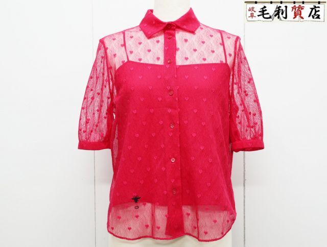 クリスチャンディオール Christian Dior メッシュシャツ 半袖シャツ ハート 141B58A8748 サイズ34 ピンク 美品 【中古拍卖