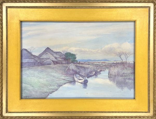 【FCP】 真作保証 三宅克己 肉筆水彩画47.1x68.2cm 「川辺の風景」 大型作品 日本芸術院恩賜賞 光風会結成参加 k拍卖