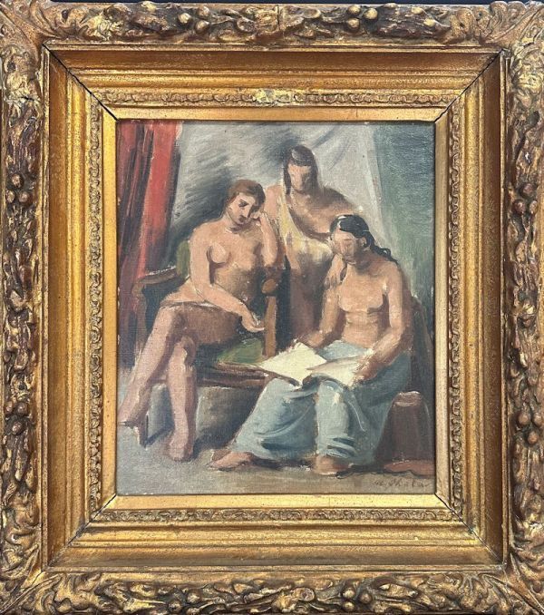 【FCP】 真作保証 伊原宇三郎 油彩画31x27cm 「室内群像」 ※東京国立近代美術館所蔵作品のエスキース 日本美術家連盟の設立に尽力 k拍卖