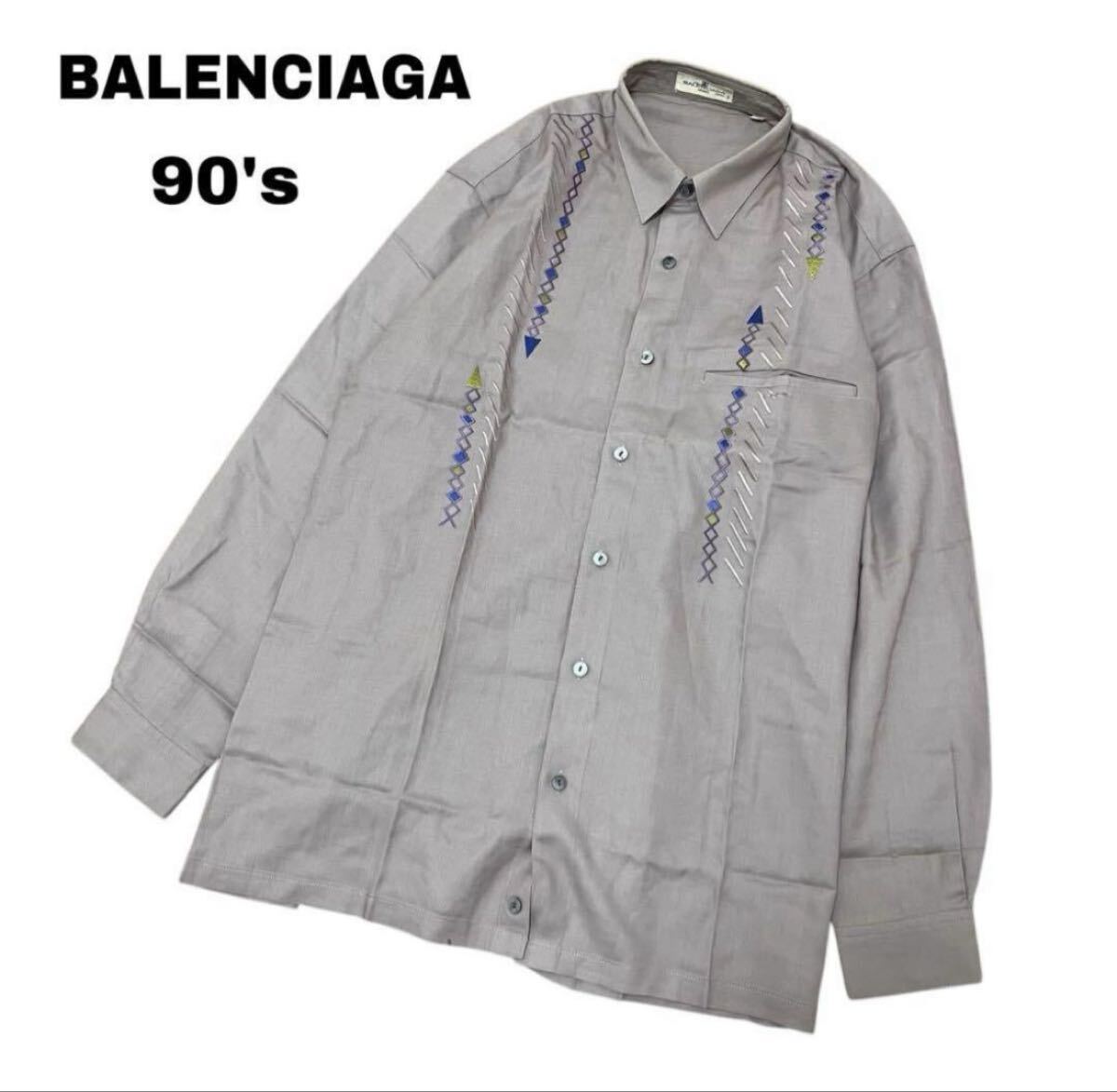 【BALENCIAGA】90's Vintage 刺繍シルク混シャツ M拍卖