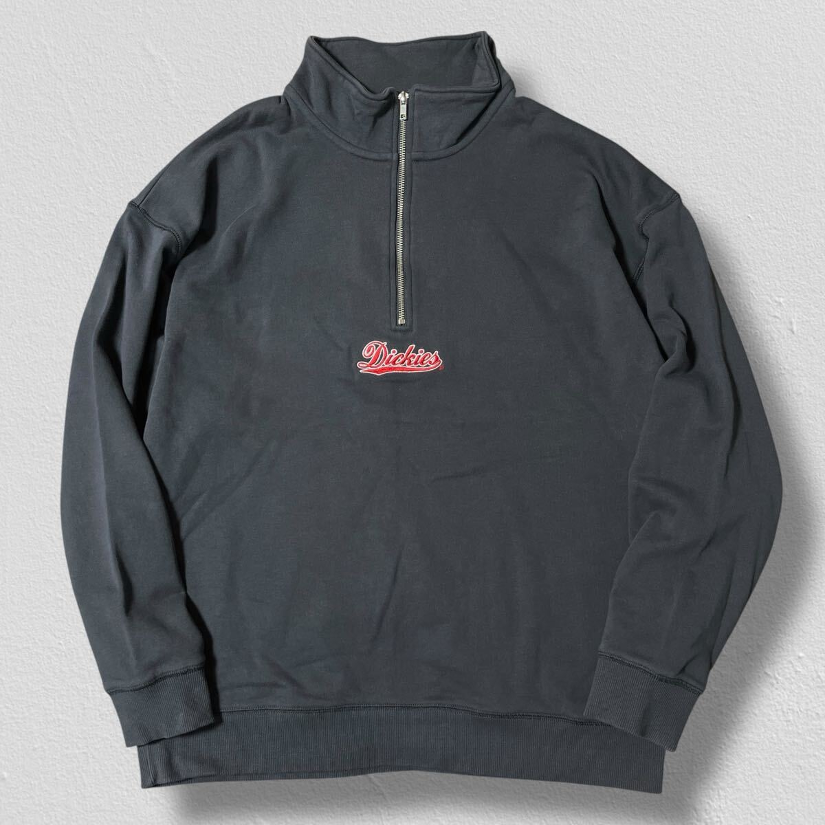 Dickies 長袖ハーフジップスウェット ロゴ刺繍 ダークグレー M ●洗濯プレス済● ディッキーズ トレーナー トップス 古着/601拍卖