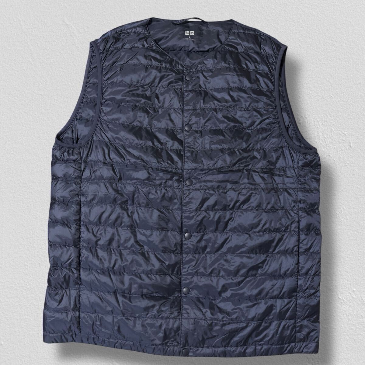 UNIQLO ノーカラーウルトラライトダウンベスト ネイビー L ●洗濯プレス済●ネコポス可● ユニクロ ダウン 紺色 ベスト アウター 古着/613拍卖
