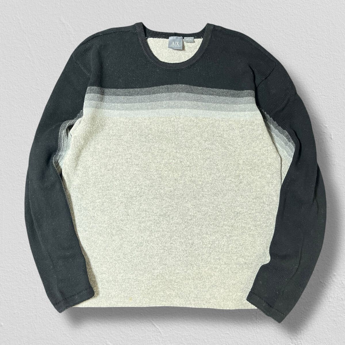 A|X アルマーニエクスチェンジ 長袖クルーネックニット ブラック×グレー M ●洗濯プレス済● ニット 秋冬 セーター トップス 古着/640拍卖