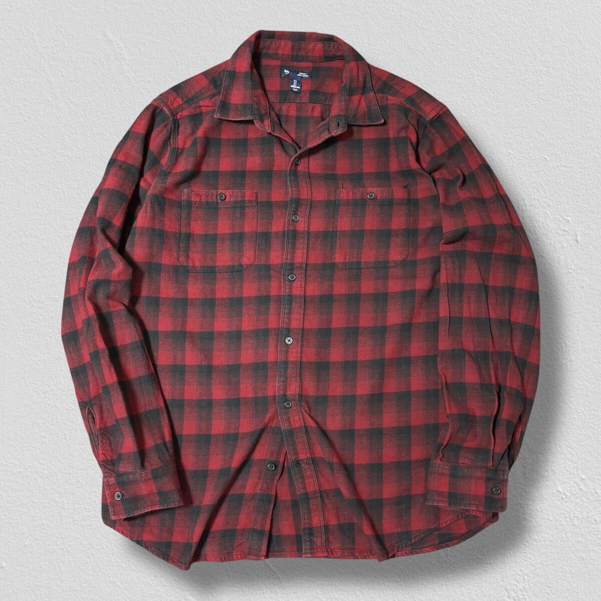 GAP 長袖フランネルシャツ レッドチェック柄 L ●洗濯プレス済● ギャップ チェックシャツ シャツ ネルシャツ 赤 黒 秋冬 古着/669拍卖