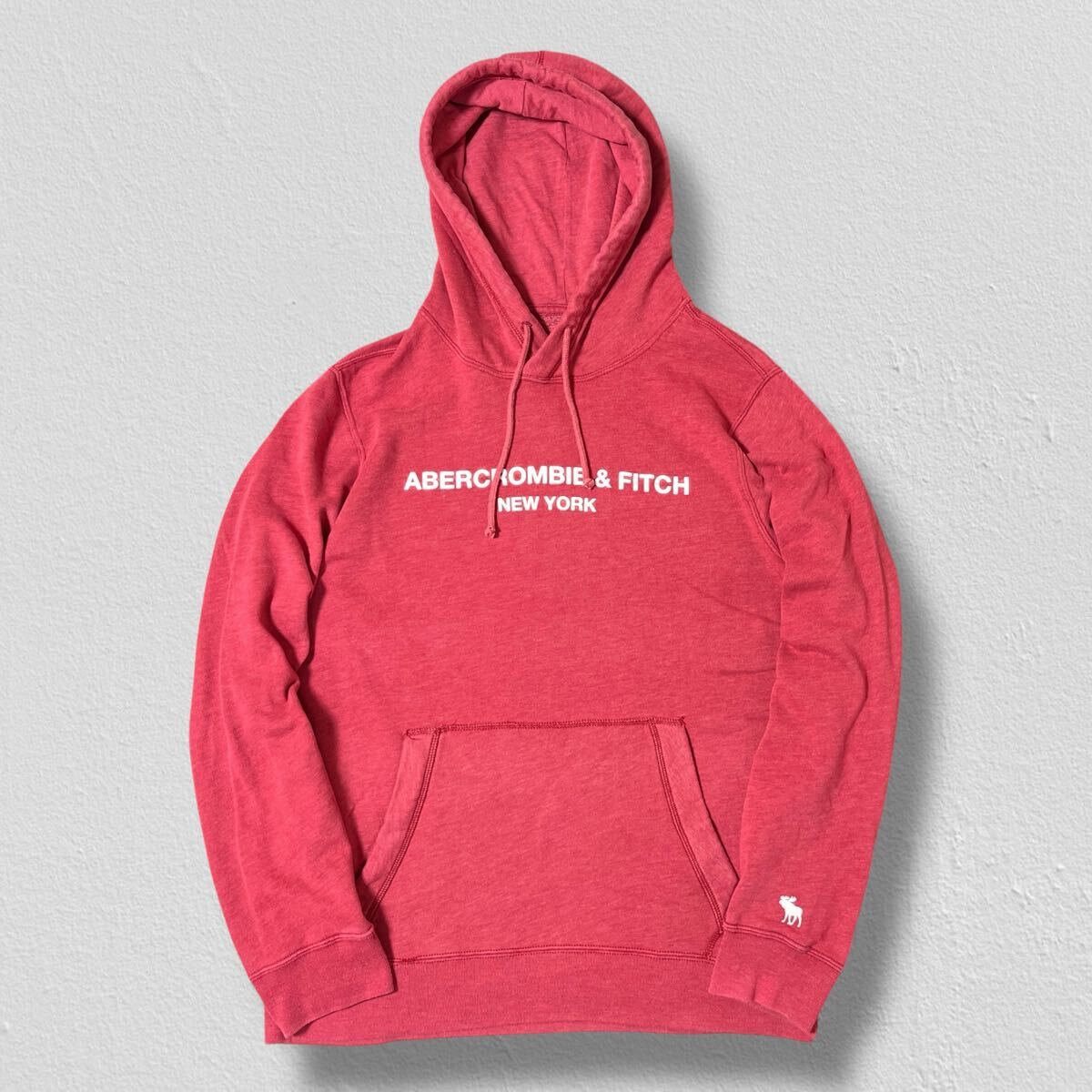 Abercrombie & Fitch 裏起毛フーディーロゴパーカー レッド系 M ●洗濯プレス済● アバクロ パーカー スウェット ロゴ 赤 古着/691拍卖