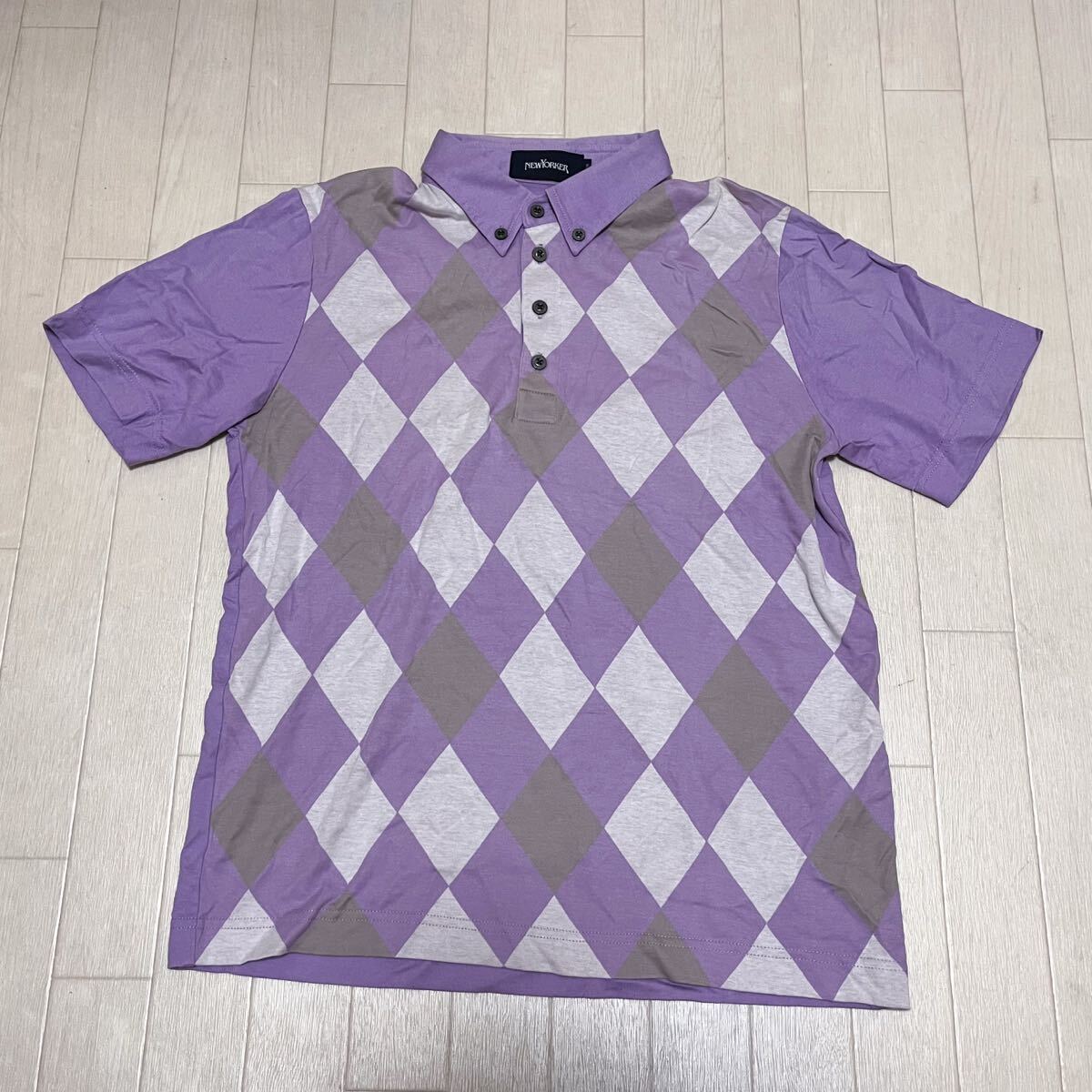 和845★ NEWYORKER ニューヨーカー 半袖 ポロシャツ アーガイル M パープル メンズ拍卖