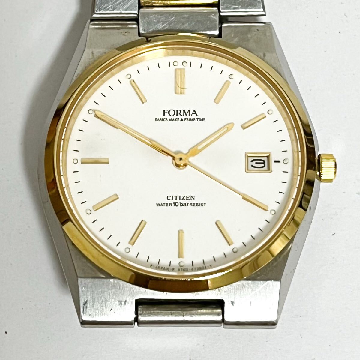 和847★ CITIZEN FORMA 4762-471369 1050036 シチズン フォルマ クォーツ 腕時計 ウォッチ 3針 日付 ホワイト メタルバンド メンズ拍卖