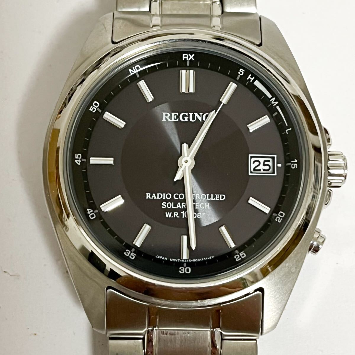 和847★① REGUNO SOLAR TECH 701050314 H415-S057515 レグノ ソーラー 腕時計 ウォッチ 3針 日付 ブラック メタルバンド メンズ拍卖