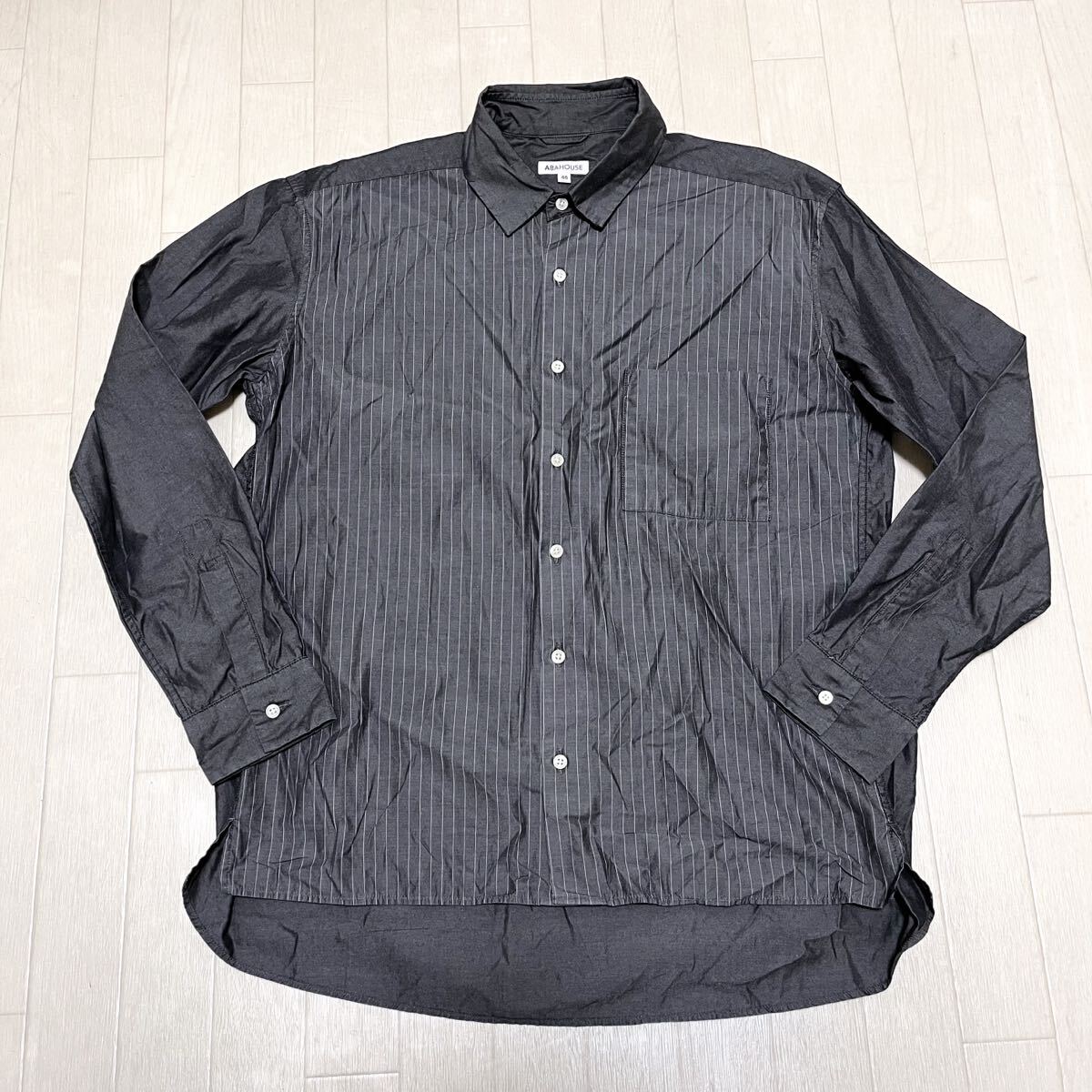 和847★ ABAHOUSE アバハウス ボタンシャツ 長袖 ストライプ 切替 46 グレー メンズ拍卖