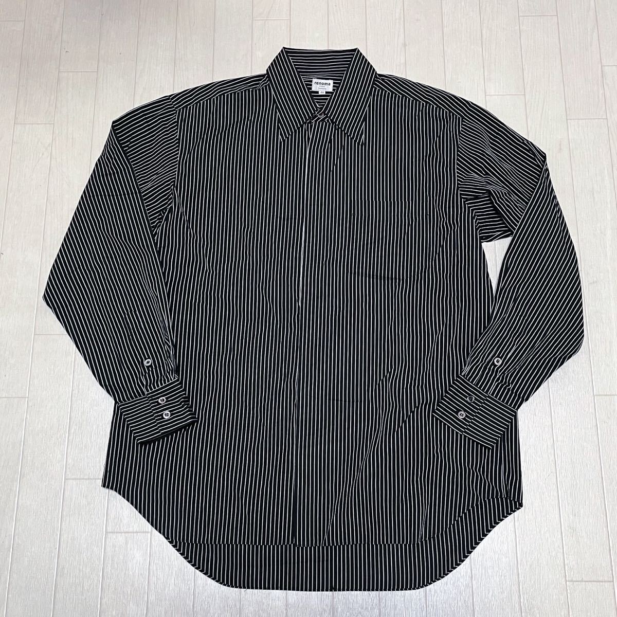 和847★ renoma paris homme レノマ オム ボタンシャツ 比翼 長袖 ストライプ 48 ブラック メンズ拍卖