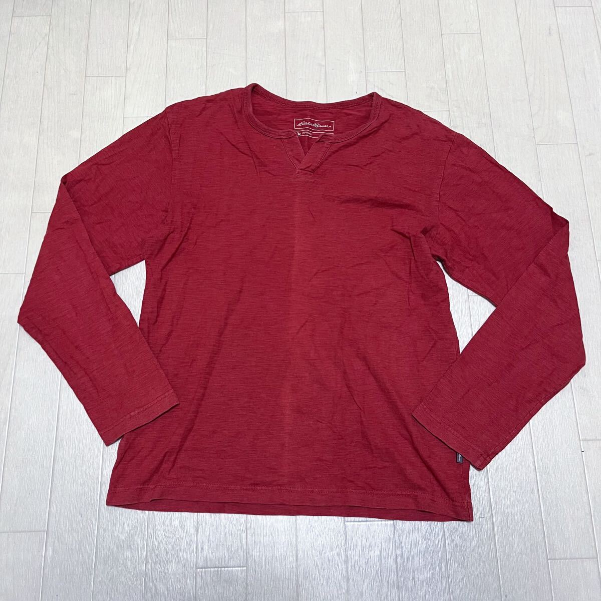 和848★ Eddie Bauer エディーバウアー 長袖 Tシャツ ロンT アウトドア スキッパー S レッド メンズ拍卖