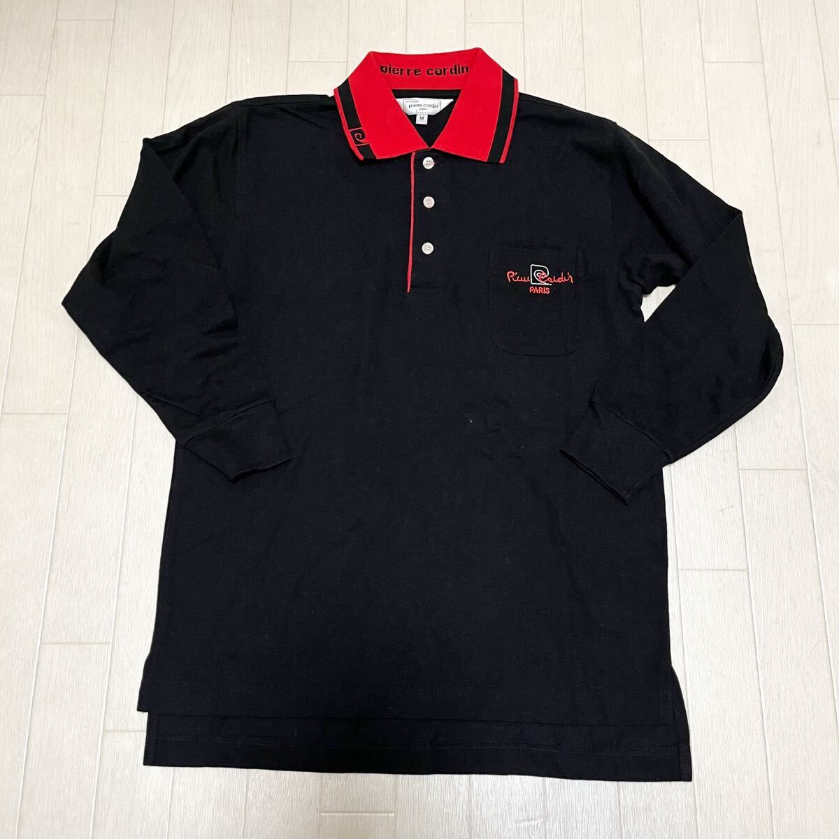 和848★ pierre cardin ピエールカルダン 長袖 ポロシャツ 胸ポケット ロゴ刺繍 M ブラック メンズ拍卖