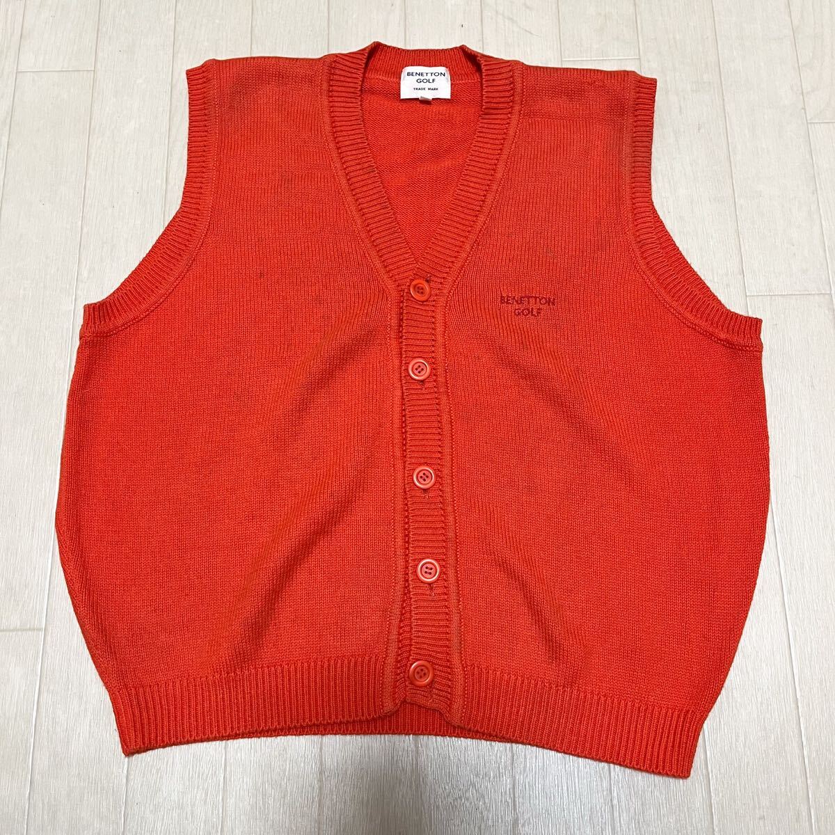和849★ BENETTON GOLF ベネトン ゴルフ ニット ベスト ロゴ刺繍 44 オレンジ メンズ拍卖