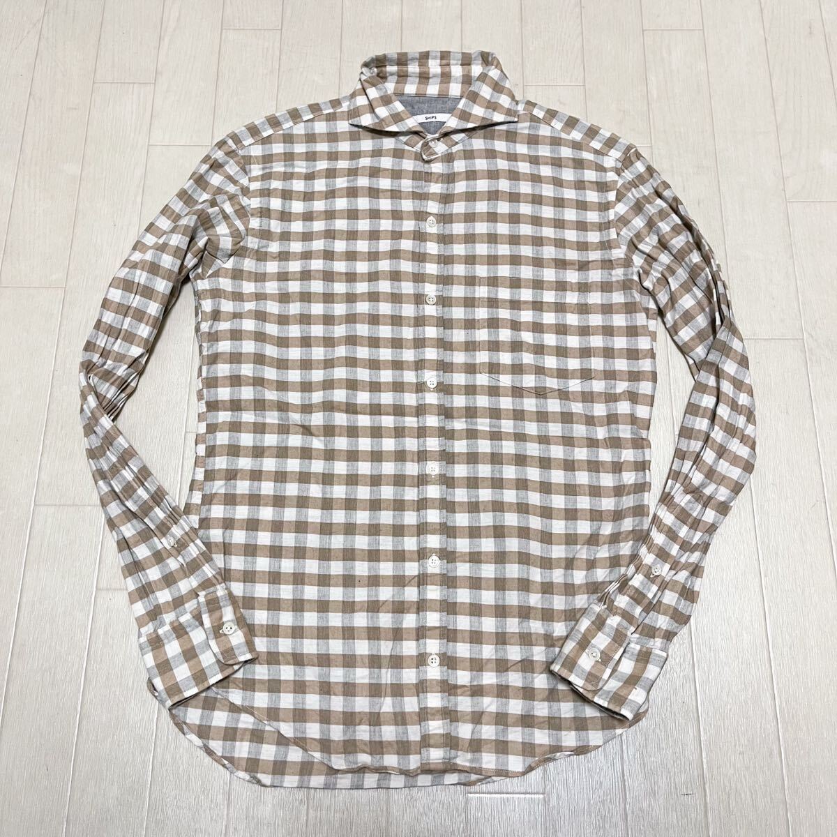 和849★ SHIPS シップス 長袖 ボタンシャツ チェック カジュアル 胸ポケット 日本製 S ホワイト ベージュ メンズ拍卖