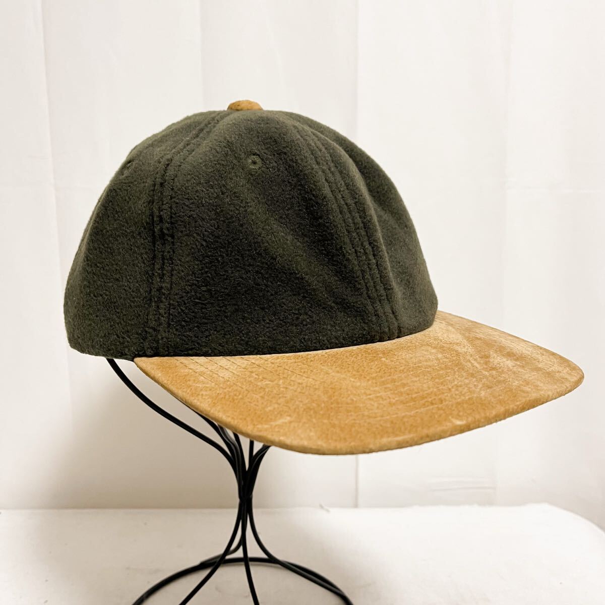和849★ BEAMS ビームス キャップ 帽子 部分豚革 レザー切り替え グリーン ベージュ メンズ拍卖