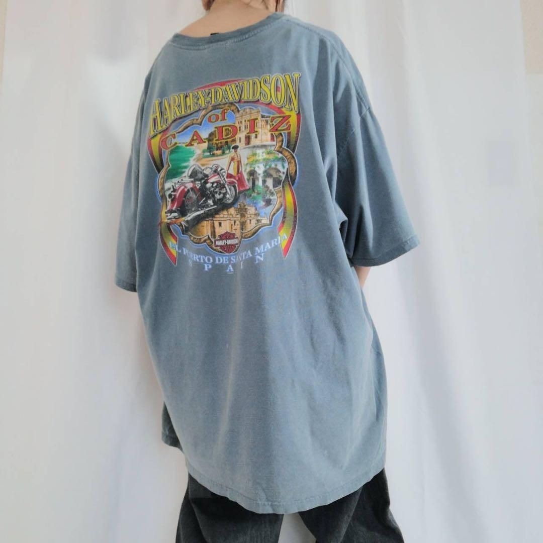 ハーレーダビッドソン Harley-Davidson 半袖 プリントTシャツ 古着 メンズ 2XL フェード ブルー ビッグサイズ モーターサイクル / S1798拍卖